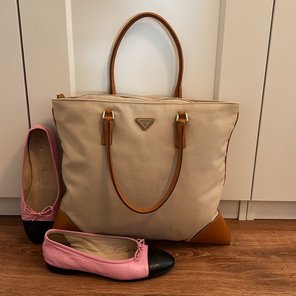 Authentic PRADA Vintage Canvas Leather Nappa Shoulder Tote Bag Beige Leather